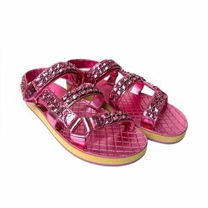Chanel pink metallic leather CC logo sandals